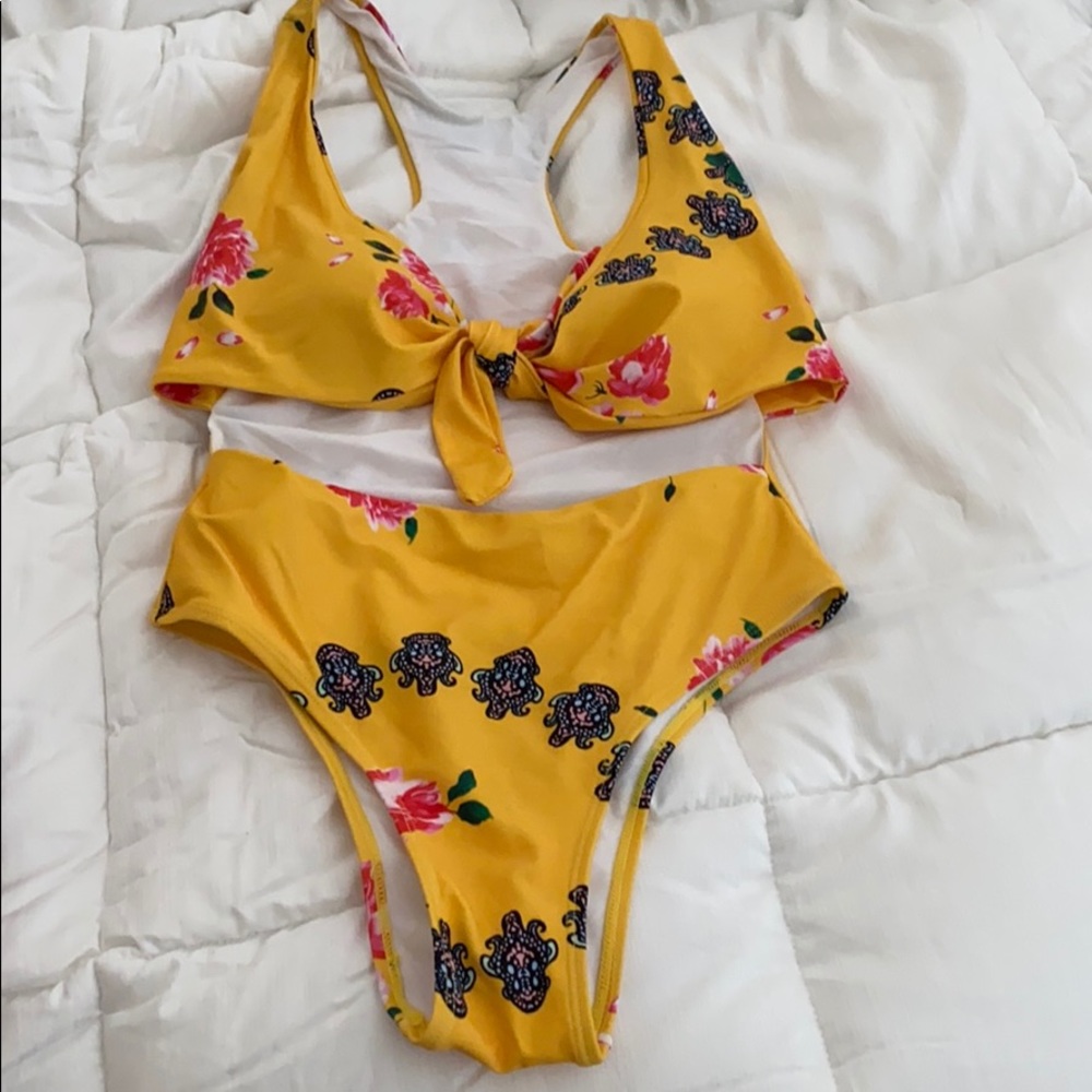Yellow floral tie front one piece